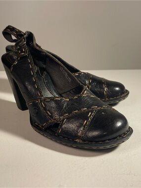 Vintage Born Black Leather Contrast Stitch Slingback Block Heels